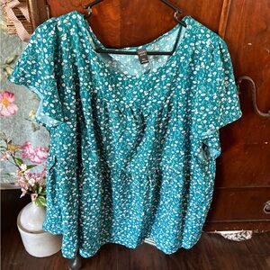 SHEIN Teal Green Floral Ruffled Waist Short-Sleeve Blouse